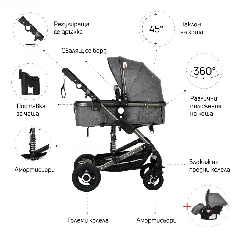 Комбинирана детска количка Fontana 3 в 1 с швейцарска конструкция ZIZITO
