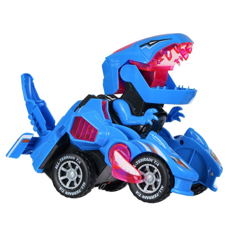 Mașină dinozaur care se transformă, cu lumini LED și sunet, roșie BC