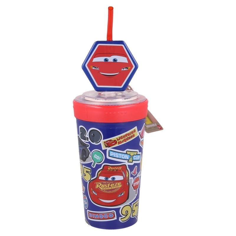 Plastic cup with lid and 3D straw - Cars, 475 ml. Cars