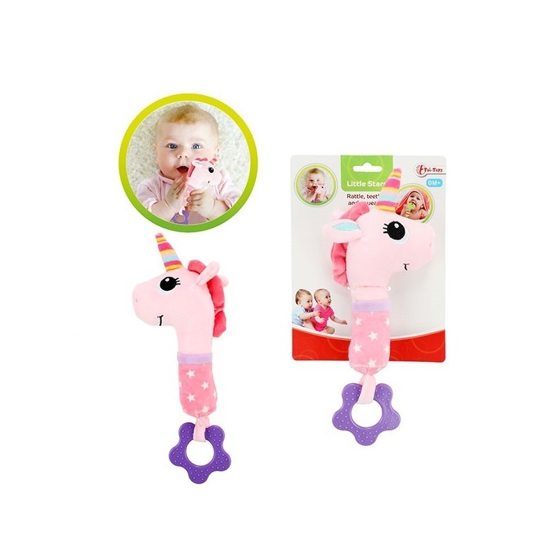 Дрънкалка еднорог с гризалка за успокояване на бебешките венци Toi-Toys