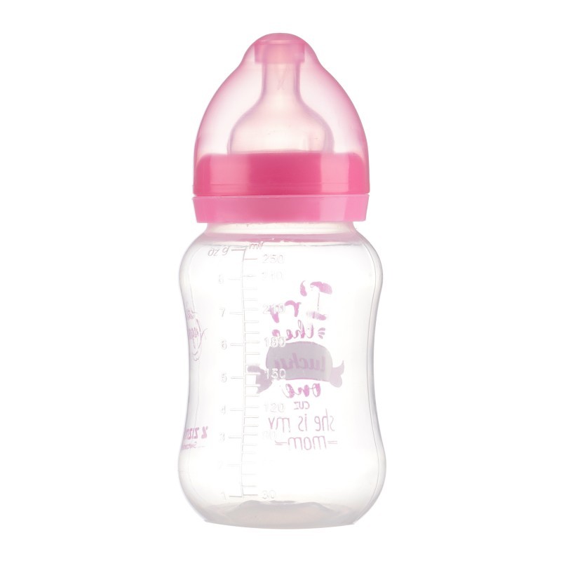 ﻿Полипропиленово шише за хранене с широко гърло Little Angel с биберон 2 капки (3+ мес.), 250 мл., розово ZIZITO