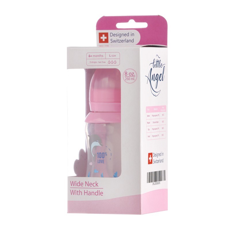 Bottle with handles Little Angel, wide neck, 6+ months, 250 ml., pink ZIZITO