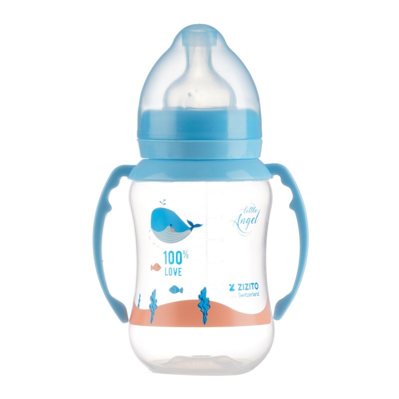 Bottle with handles Little Angel, wide neck, 6+ months, 250 ml., blue ZIZITO