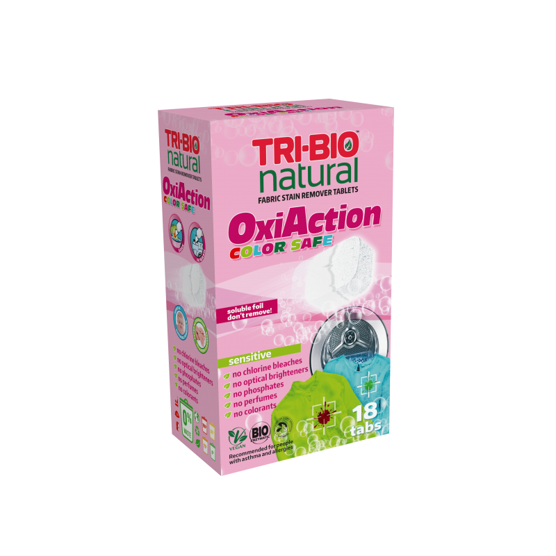 Tablete naturale pentru îndepărtarea petelor pentru rufe colorate, Oxi-Action, sensibile - 18 buc. Tri-Bio