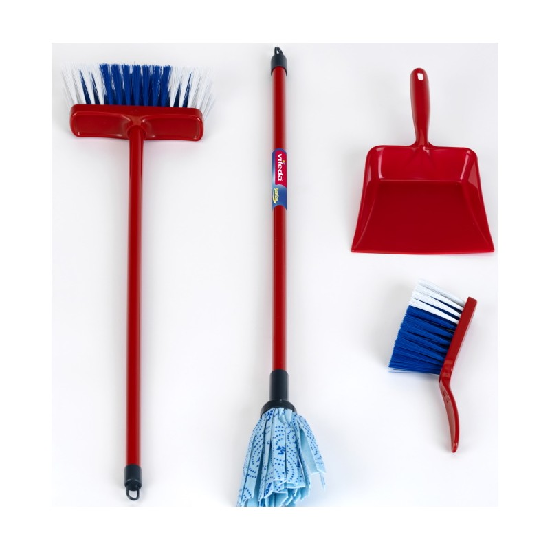 Theo Klein 6706 Vileda Mop Set I With mop, broom and dustpan and brush set I In the popular Vileda design I Dimensions: 22.5 cm x 15 cm x 61 cm I Toy for children aged 3 years and up Vileda