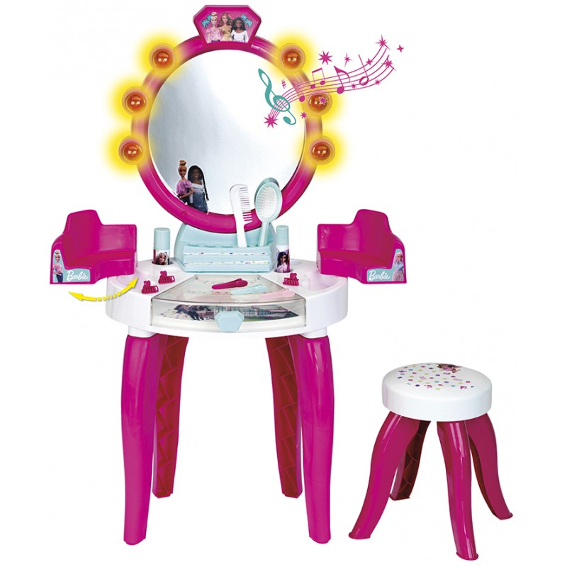 Theo Klein 5328 Barbie Beauty Salon with Light and Sound Functions I Pivoted storage areas and mirror I With lots of accessories such as a comb, hairspray and perfume spray I Dimensions: 41 cm x 31 cm x 90 cm I Toy for children aged 3 years and up Barbie
