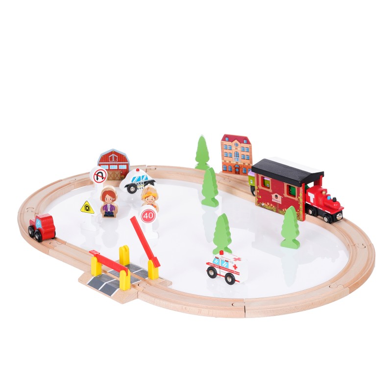 Wooden railway composition with train, bridge and buildings, 70 parts WOODEN