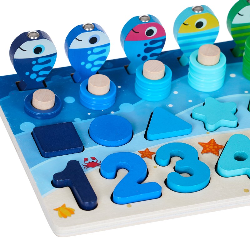 Wooden toy - board with numbers, rings and fish WOODEN