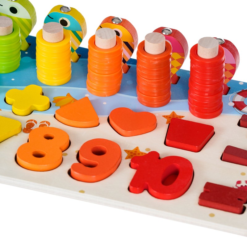 Jucărie din lemn - tablă cu numere, inele și pești WOODEN