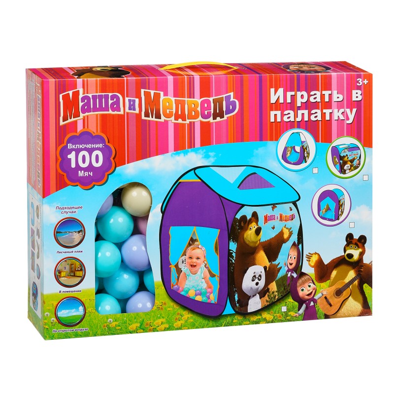 Cort pentru copii cu acoperiș pentru joacă Masha și Ursul cu 100 buc. bile ITTL