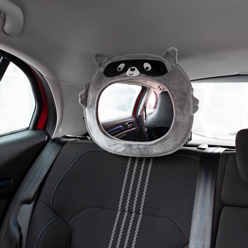 Rear seat mirror with child view, plush raccoon Feeme