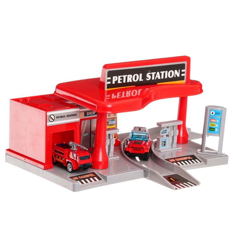 Children's gas station with 2 cars, red GOT