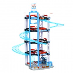 Theo Klein 2813 Bosch Car Service Multi-Storey Car Park I With 5 levels, two-lane exit ramp, 2 racing cars, lift and much more I Dimensions: 55 cm x 55 cm x 85 cm I Toy for children aged 3 years and up BOSCH 40873 2