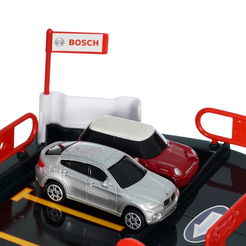 Theo Klein 2813 Bosch Car Service Multi-Storey Car Park I With 5 levels, two-lane exit ramp, 2 racing cars, lift and much more I Dimensions: 55 cm x 55 cm x 85 cm I Toy for children aged 3 years and up BOSCH