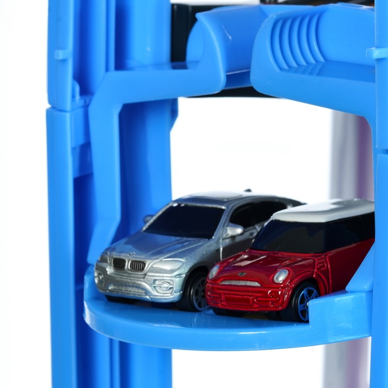 Theo Klein 2813 Bosch Car Service Multi-Storey Car Park I With 5 levels, two-lane exit ramp, 2 racing cars, lift and much more I Dimensions: 55 cm x 55 cm x 85 cm I Toy for children aged 3 years and up BOSCH