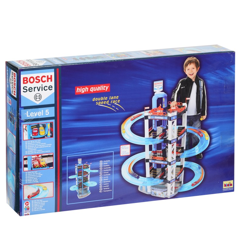 Theo Klein 2813 Bosch Car Service Multi-Storey Car Park I With 5 levels, two-lane exit ramp, 2 racing cars, lift and much more I Dimensions: 55 cm x 55 cm x 85 cm I Toy for children aged 3 years and up BOSCH