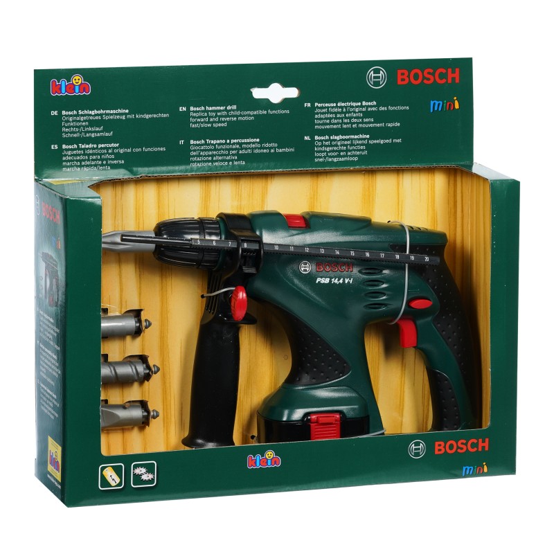 Theo Klein 8450 Bosch Impact Drill I Impact drill with right and left rotation and exchangeable attachments I Dimensions: 29 cm x 15 cm x 4 cm I Toys for children aged 3 and over BOSCH