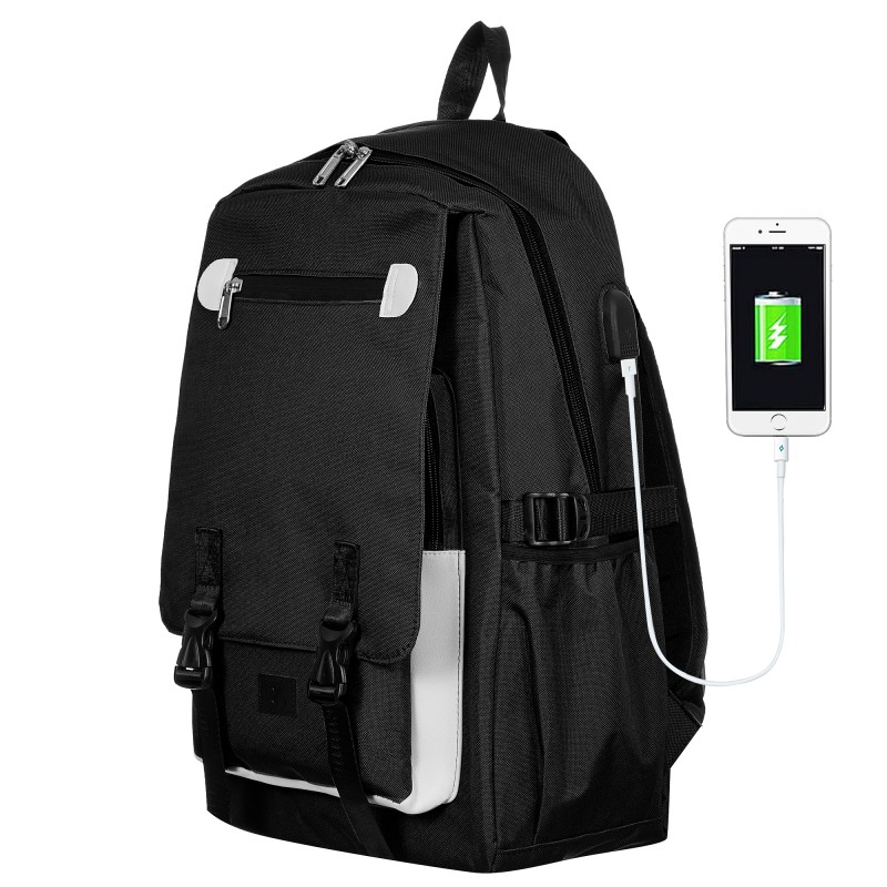 Backpack with built-in USB port, dark blue - black