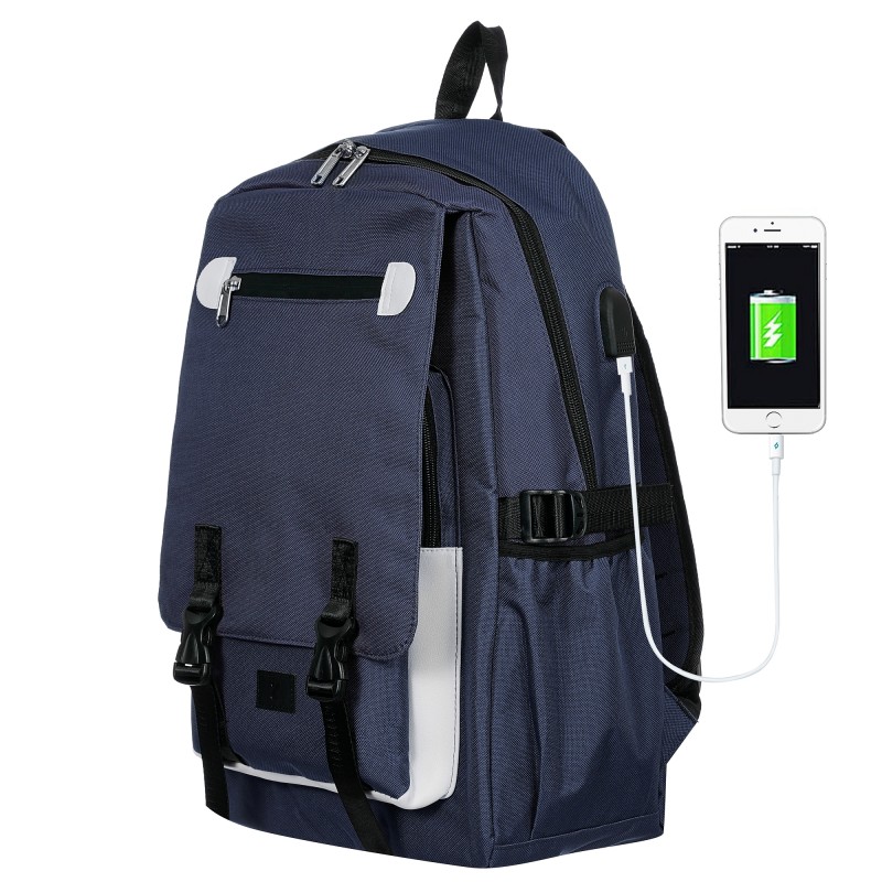 Ранец со вграден USB приклучок, темно сина - сина боја