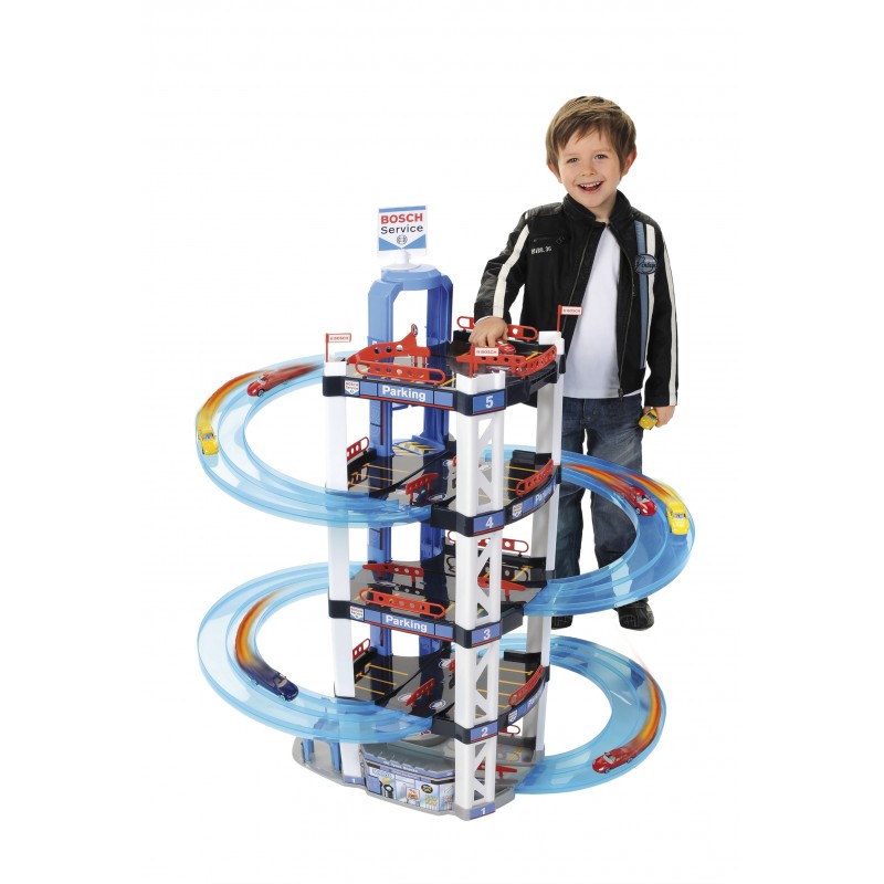 Theo Klein 2813 Bosch Car Service Multi-Storey Car Park I With 5 levels, two-lane exit ramp, 2 racing cars, lift and much more I Dimensions: 55 cm x 55 cm x 85 cm I Toy for children aged 3 years and up BOSCH