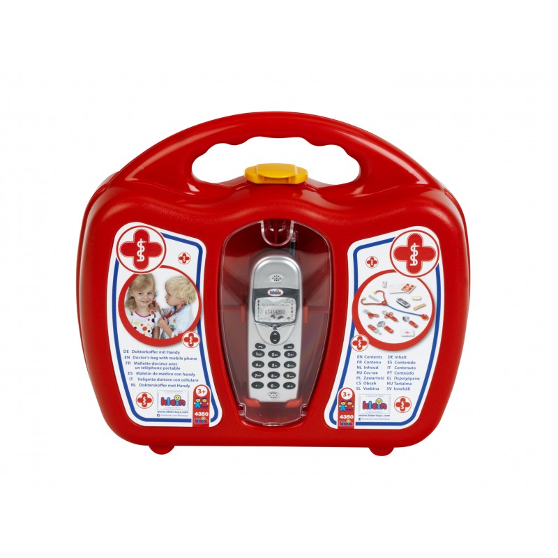 Theo Klein 4350 Doctor's Case with Mobile Phone I Robust case with stethoscope, syringe and much more I With battery-powered mobile phone with sound I Dimensions: 27 cm x 24 cm x 10 cm I Toy for children aged 3 years and up Theo Klein