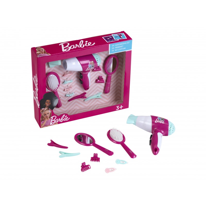 Theo Klein 5790 Barbie Frisier-Set I Zubehör und Accessoires im Barbie-Look I Inkl. Kinder-Föhn mit Kaltluftfunktion I Spielzeug für Kinder ab 3 Jahren Barbie
