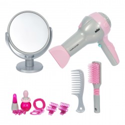 Theo Klein 5855 Hairdresser's Case with Braun Hairdryer I With mirror, comb and lots of styling accessories I Robust case with battery-powered hairdryer I Dimensions: 27.5 cm x 11 cm x 22.2 cm I Toy for children aged 3 years and up BRAUN 45957 13
