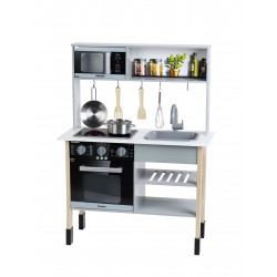 Theo Klein 7199 Miele Kitchen I White wooden kitchen incl. hob, with sound and light I Dimensions: 70 cm x 30 cm x 91 cm | High-class kitchen accessories made of stainless steel (should not be heated up) and wood | Toy for children aged 3 years and up Miele 46007 