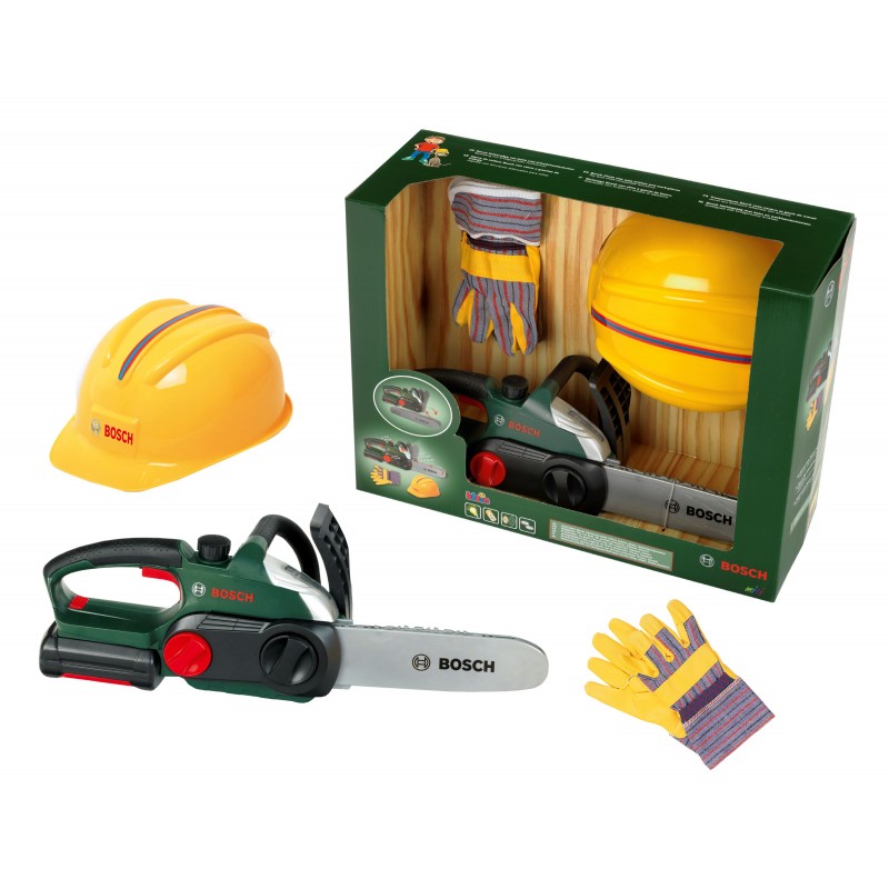 Bosch Worker Set, robust chainsaw with light and sound, high-quality helmet and work gloves BOSCH