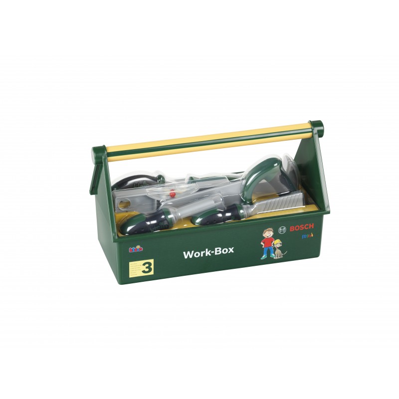 Theo Klein 8573 Tool Box I 7-part tool kit I Strong box with practical handle for carrying I Dimensions: 30.25 cm x 14 cm x 17.25 cm I Toy for children aged 3 years and up BOSCH