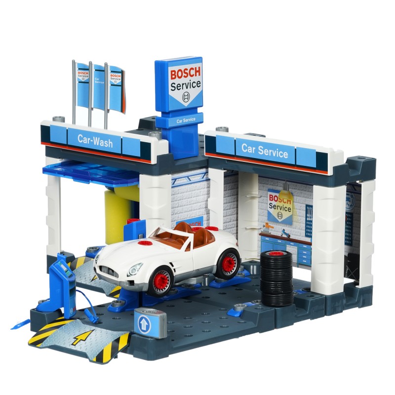 Theo Klein 8647 Bosch Car Service Station I With car wash and height-adjustable lifting ramp I Includes car that can be dismantled I Dimensions: 41 cm x 39 cm x 29 cm I Toy for children aged 3 years and up BOSCH