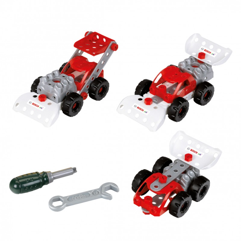 Theo Klein 8793 Bosch 3 in 1: Konstruktions-Set Racing Team | Zum Bau verschiedener Rennfahrzeuge I Inklusive Baupläne für 3 Modelle I Spielzeug für Kinder ab 3 Jahren BOSCH