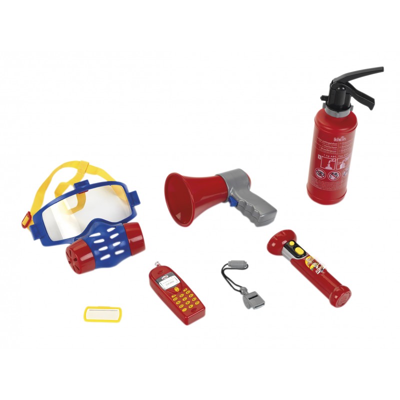 Theo Klein 8950 Fire Fighter Henry 7-piece fire brigade set I Incl. Fire extinguisher with spray function, megaphone, torch and much more. I Dimensions: 40 cm x 32 cm x 9.5 cm I Toys for children aged 3 and over Klein