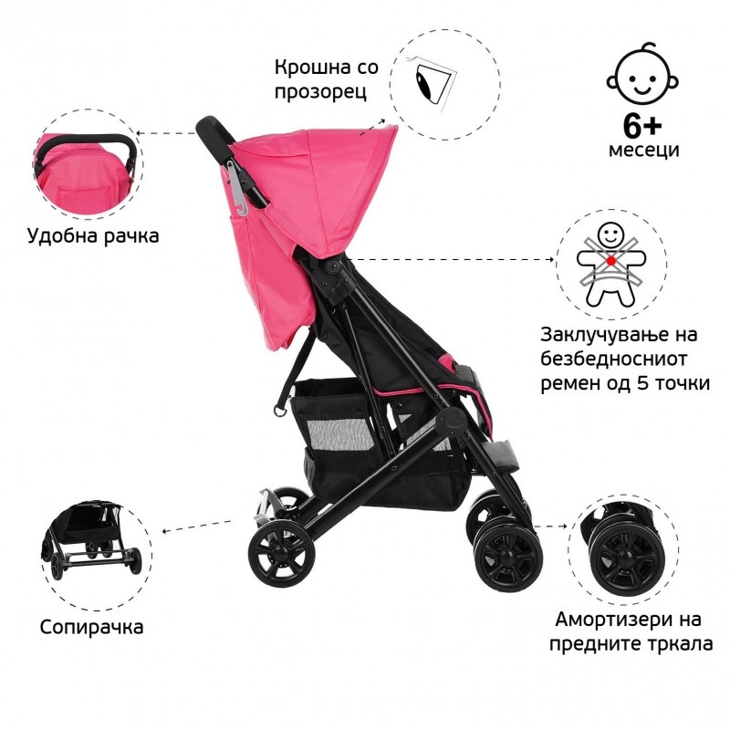 Детска количка Јасмин - компактна, лесна за преклопување и расплетување, Розева ZIZITO