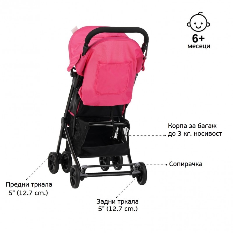 Детска количка Јасмин - компактна, лесна за преклопување и расплетување, Розева ZIZITO
